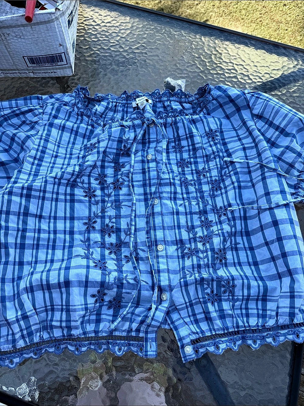 Free Assembly Plaid Embroidered Eyelet cropped Top Blue xxl